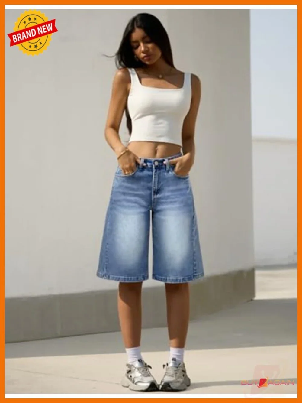 Women's Mid-Low Waist Denim Bermuda Shorts Baggy Loose Fit Knee-Length Jorts